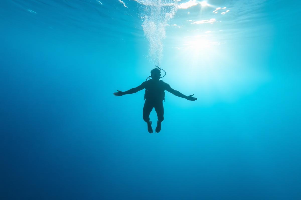 Diver floating weightless in calm blue water